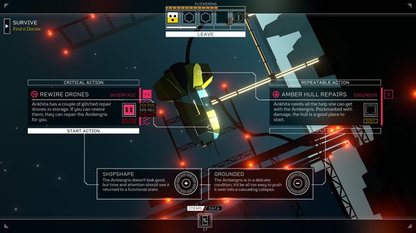 Screenshot from Citizen Sleeper showing a decision screen with options for rewire drones and hull repairs, set in a futuristic UI.