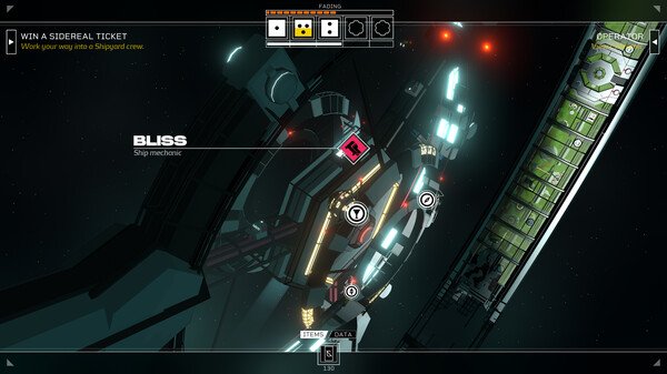 Screenshot from Citizen Sleeper showing a space station with highlighted areas labeled "Bliss" and "Ship mechanic."