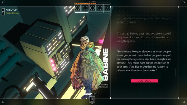 Citizen Sleeper screenshot: Sabine stands near futuristic machinery, engaging in dialogue about sleepers and the market.