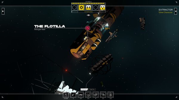 Citizen Sleeper screenshot: Spaceships and a station labeled "The Flotilla" float in space, with various icons on the interface.