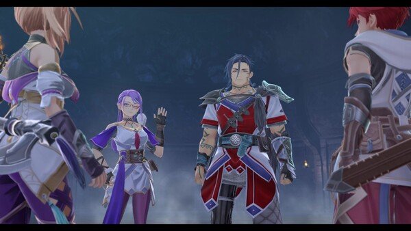 Screenshot from Ys X: Proud Nordics showing four characters in a cave, engaged in conversation with a mystical atmosphere.
