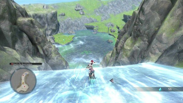 Screenshot of Ys X: Proud Nordics showing a character surfing on water surrounded by cliffs and a scenic view of a valley.