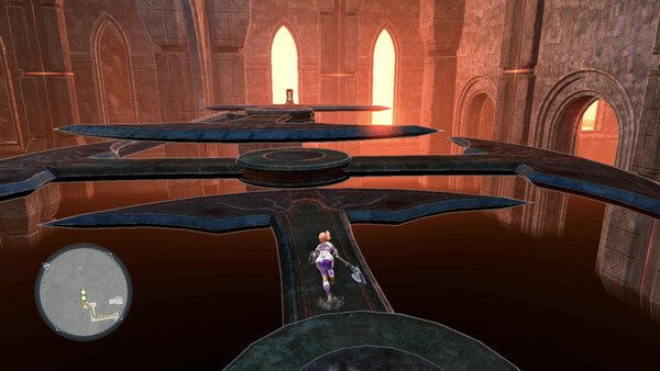 Screenshot from Ys X: Proud Nordics showing a character navigating floating platforms in a glowing, castle-like environment.