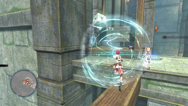 Screenshot from Ys X: Proud Nordics showing a character casting a spell on a stone bridge with another character nearby.