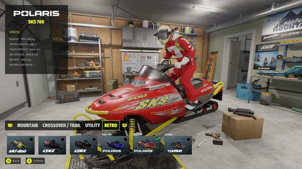 Sledders screenshot: A player in red gear is on a Polaris SKS snowmobile inside a garage, with various models displayed below.