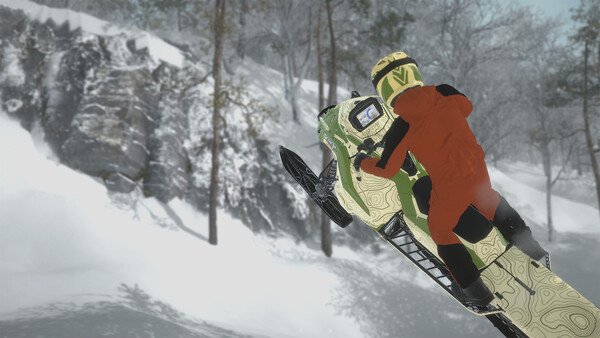 Sledders screenshot: A player in a red suit rides a snowmobile up a snowy hill, surrounded by snow-covered trees and rocky cliffs.