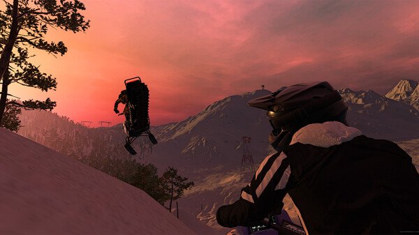 Screenshot from the game Sledders showing a player sledding downhill against a vibrant sunset backdrop with snowy mountains.