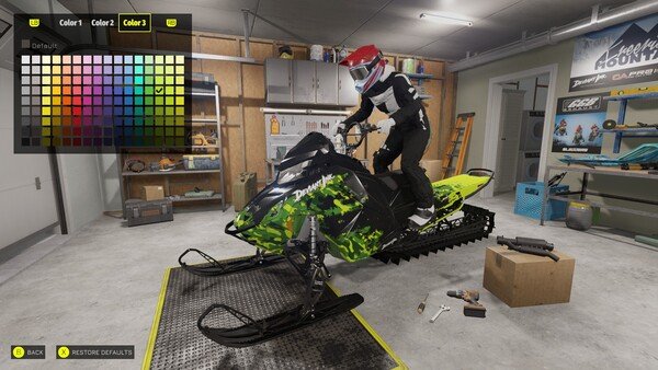 Sledders screenshot: A player customizes a green and black snowmobile in a garage filled with tools and equipment.