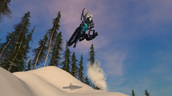 Screenshot from Sledders: A player performs a mid-air trick on a snowmobile against a backdrop of snow-covered hills and tall pine trees.