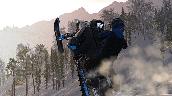Sledders screenshot: A person in winter gear rides a snowmobile uphill through a snowy forest with mountains in the background.