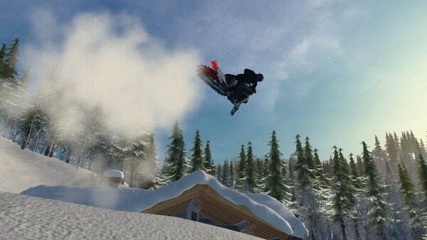 Sledders screenshot: A snowmobiler soars above a snowy cabin rooftop, surrounded by a forest under a bright blue sky.