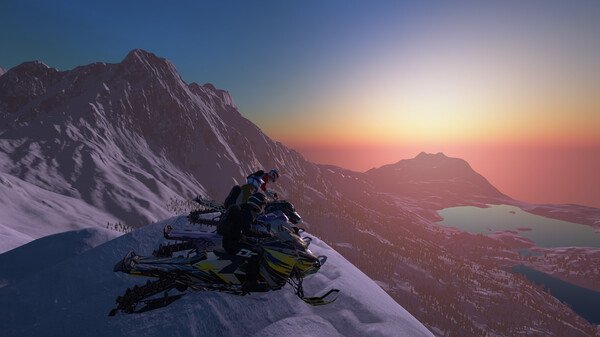 Sledders screenshot: Snowmobilers pause on a snowy mountain peak, overlooking a vibrant sunset and distant lake.
