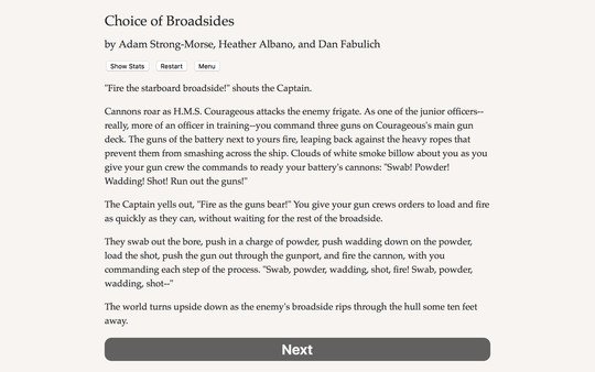 Screenshot from the game "Choice of Broadsides" showing a text-based naval battle scene with a command to fire the starboard broadside.