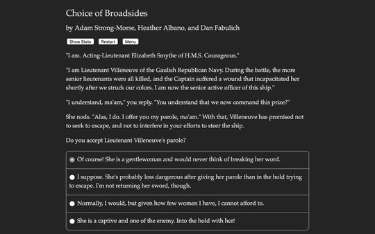 Screenshot from "Choice of Broadsides": Dialogue options discuss Lieutenant Villeneuve's parole, with four choices visible on screen.