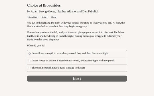 Screenshot of Choice of Broadsides game, showing dialogue options for a naval battle scene with choices to attack or defend.