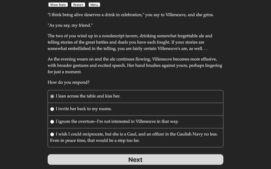 Screenshot of "Choice of Broadsides" showing a dialogue choice screen with narrative text and multiple response options for the player.
