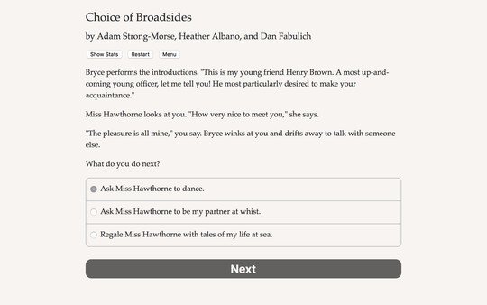 Screenshot of Choice of Broadsides showing dialogue with Miss Hawthorne and three player choices at the bottom of the screen.