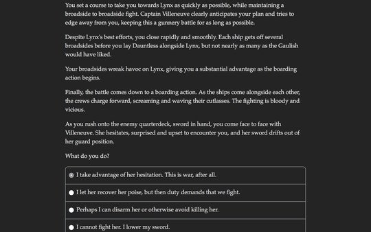 Screenshot from Choice of Broadsides showing a decision-making scene. Choices involve confronting a character named Villeneuve.