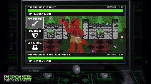 Screenshot of POPGOES Arcade showing Corrupt Foxy in battle against Popgoes the Weasel, with attack, block, and item options visible.