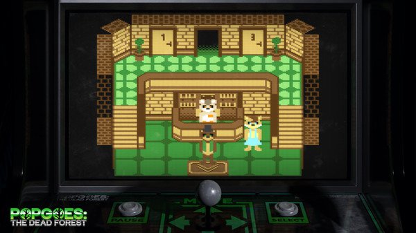 Screenshot of POPGOES Arcade showing a pixel art shopkeeper behind a counter, with two characters standing in front.