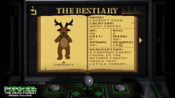 POPGOES Arcade screenshot: The Bestiary displays info on "Corrupt Deer," a common enemy in the West Forest with low threat level.