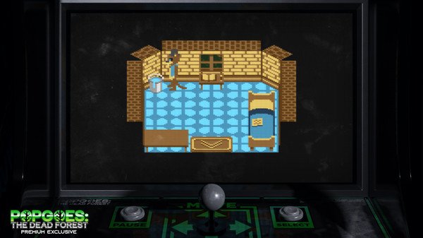 POPGOES Arcade screenshot: A pixel art bedroom with a bed, desk, and wardrobe displayed on an arcade machine screen.