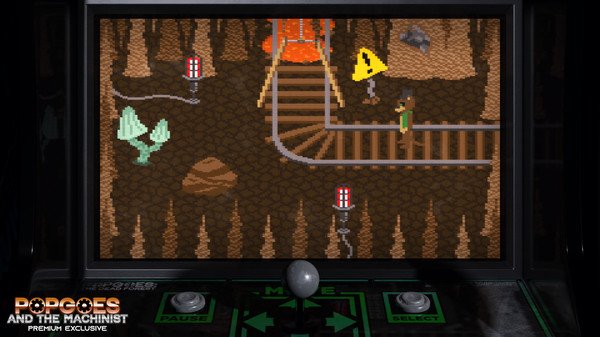 POPGOES Arcade screenshot: A character navigates through a cave with tracks, warning signs, and glowing lamps.