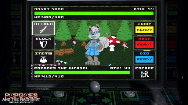 Screenshot of POPGOES Arcade showing a battle interface with a character named POPGOES the Weasel facing ROBOT SARA in a forest setting.