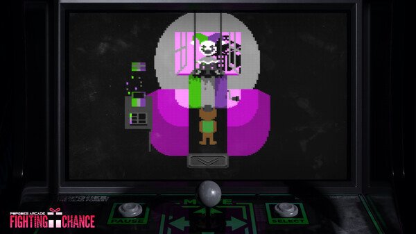 Screenshot from POPGOES Arcade showing a pixelated character facing a green portal with a colorful background.