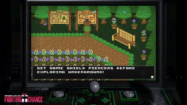 POPGOES Arcade screenshot: A pixelated character stands near a bench and a sign in a garden setting, displaying a quest message.
