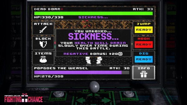 POPGOES Arcade screenshot: POPGOES the Weasel battles Dead Boar, with "Sickness" status affecting health during combat.