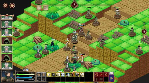 Screenshot of 'Our Adventurer Guild' game showing multiple characters on a grid battlefield with status bars and controls visible.