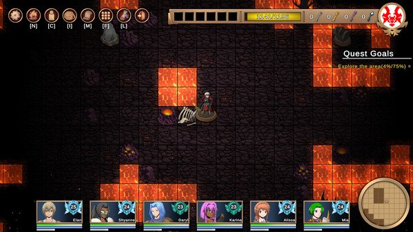 Screenshot from Our Adventurer Guild showing a character on a lava-themed map, surrounded by skeletons and fiery tiles.