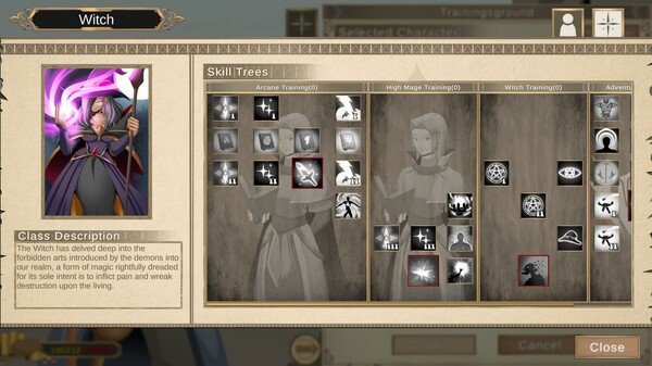 Screenshot from 'Our Adventurer Guild' showing the Witch skill tree and description with various abilities highlighted.