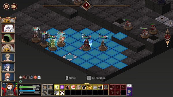 Screenshot from Our Adventurer Guild showing a tactical battle with characters positioned on a grid and action menu at the bottom.