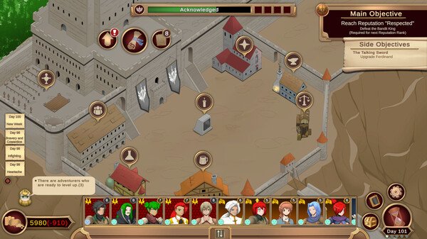 Screenshot of 'Our Adventurer Guild' showing a medieval town layout, objectives, and adventurer avatars at the bottom.