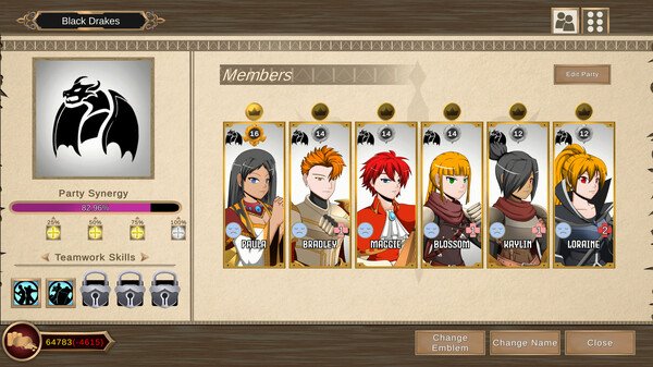 Screenshot from 'Our Adventurer Guild' showing the members list with character portraits and stats.