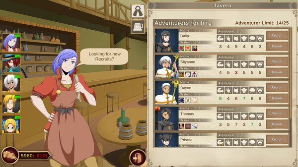 Screenshot of "Our Adventurer Guild" showing a tavern scene with recruit options and a character asking about new recruits.