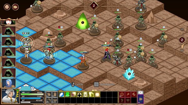 Screenshot of "Our Adventurer Guild" showing characters on a grid-based battlefield with energy markers and enemy units.