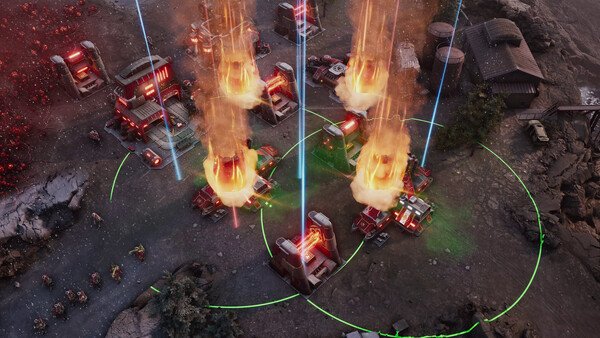 Screenshot from Tempest Rising showing a tactical base under attack, with explosions and defensive structures visible amidst rocky terrain.