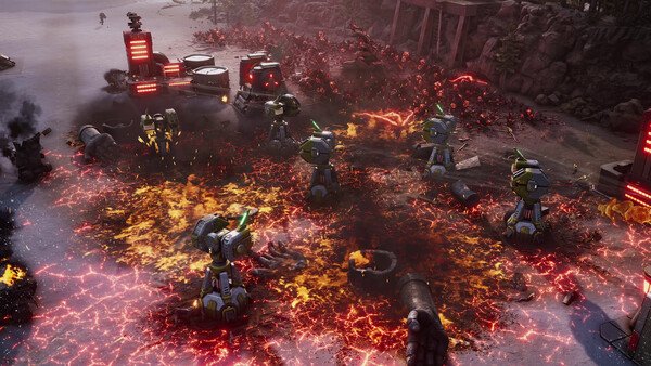 Screenshot from "Tempest Rising" showing a battle scene with robotic turrets and fiery explosions in a rugged landscape.