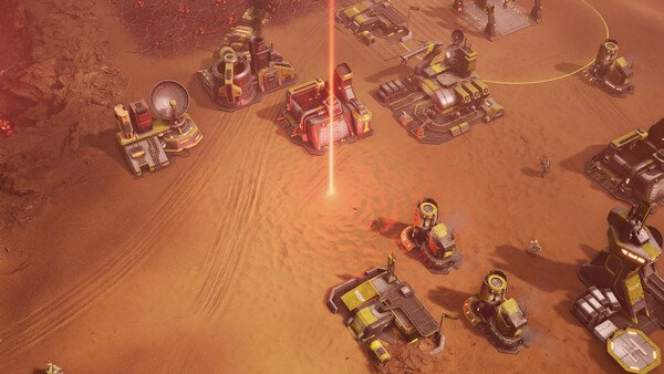 Tempest Rising screenshot: A base with futuristic structures and units on a reddish desert terrain, with a glowing beam in the center.