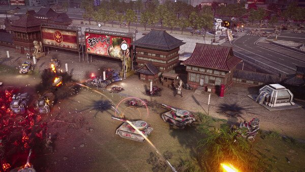 Screenshot from Tempest Rising showing a battle scene with tanks and explosions near traditional-style buildings.