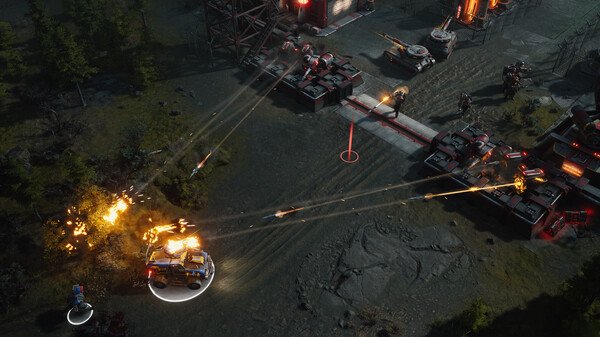 Screenshot from Tempest Rising showing a battle scene with vehicles and soldiers amidst explosions near a fortified base.