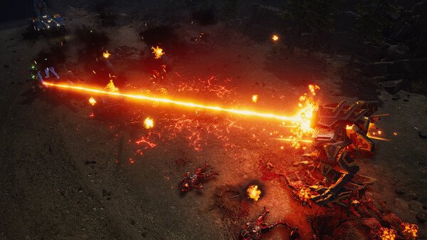 Screenshot from Tempest Rising showing a fierce battle with a laser weapon striking enemies amidst fiery explosions.