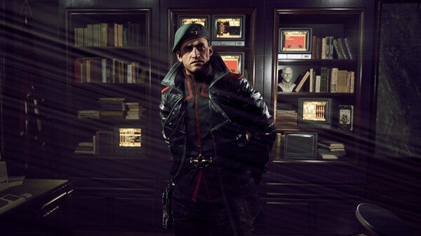 Screenshot from Tempest Rising showing a man in a military uniform standing in front of bookshelves in a dimly lit room.