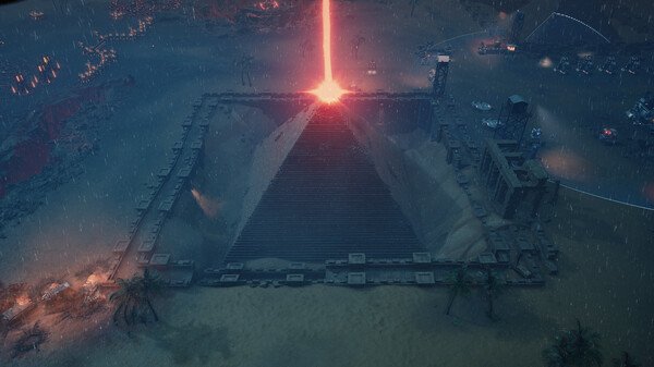 Screenshot from Tempest Rising shows a glowing red beam atop a pyramid structure in a desert landscape at night.