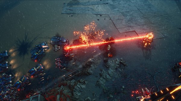 Tempest Rising screenshot: Intense battle scene with vehicles, soldiers, and a laser beam firing across a war-torn battlefield.