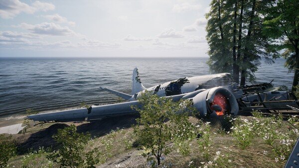 KeepUp Survival screenshot showing a crashed airplane near a shoreline, surrounded by trees and bushes under a clear sky.