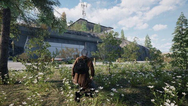 Screenshot from KeepUp Survival showing a player character crouching in a grassy field with trees and a building nearby.